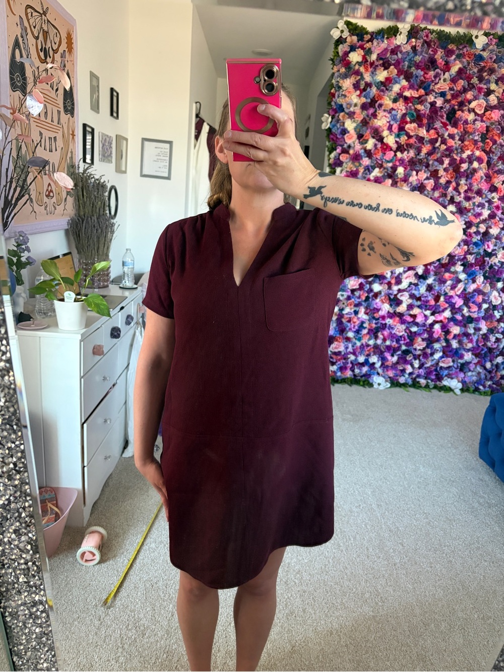 Lush Short Sleeve V-Neck Tunic Dress - Burgundy